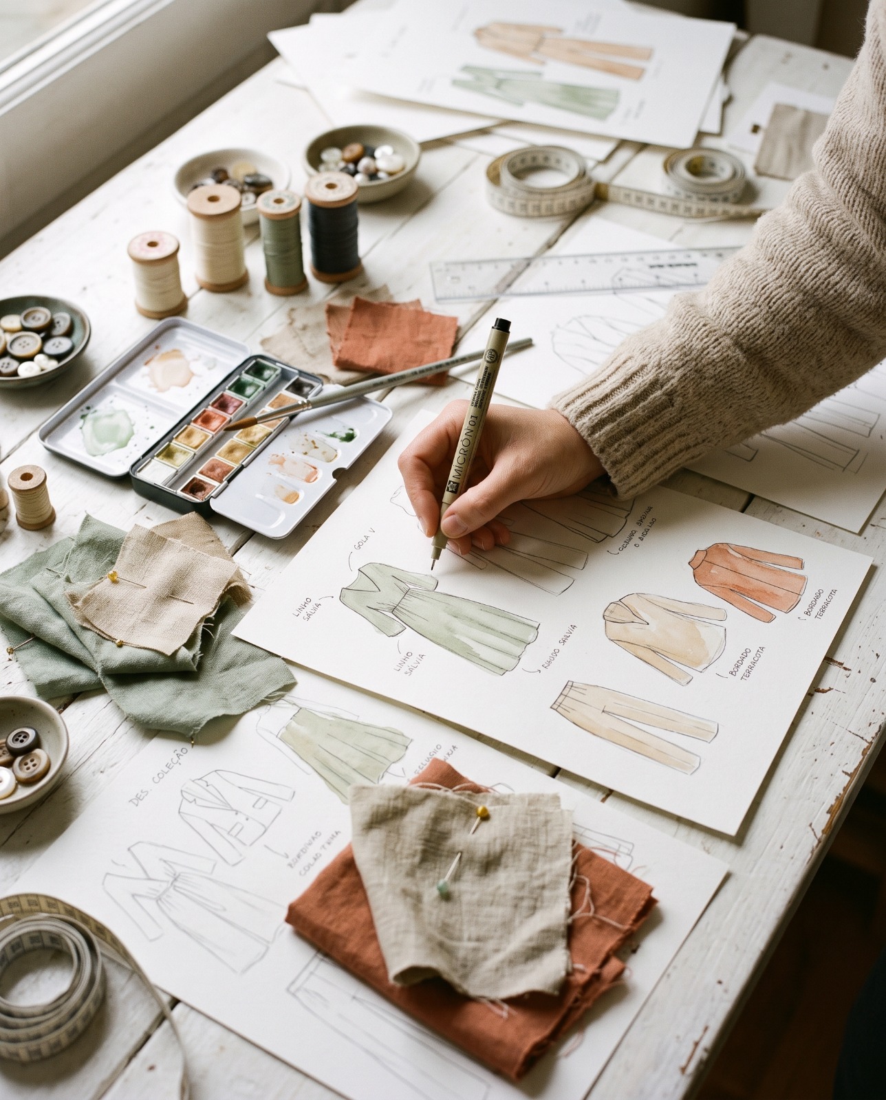 Desenvolvimento de coleção com croquis, linhas e amostras de tecidos
