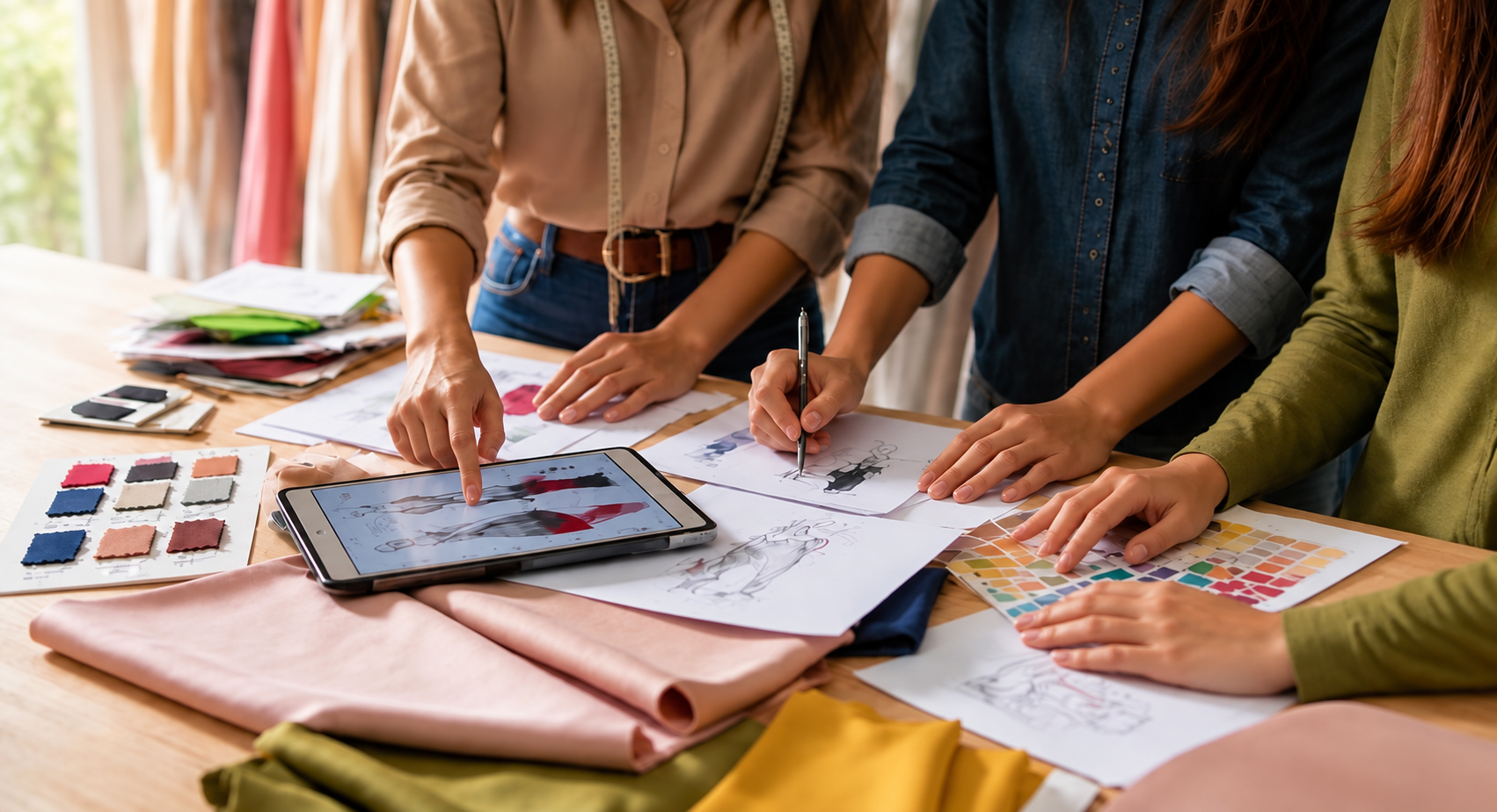 Equipe analisando desenhos de moda, tecidos e cartelas de cores