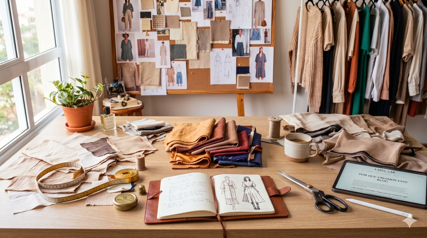 Mesa de criação de moda com tecidos, caderno de desenhos e painel de referências